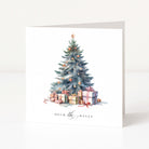 White Christmas Card depicting an illustrated Christmas tree and presents with "DECK the HALLS" printed in black text beneath