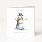 A white Christmas greeting card featuring a watercolor illustration of a snowman wearing a gray hat and brown scarf, with the text 'HAVE YOURSELF' above and 'A MERRY LITTLE CHRISTMAS' below, shown standing against a light neutral background.
