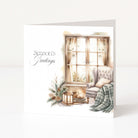 A square Christmas card with a watercolour-style illustration of a cozy window scene, featuring the text 'Season's Greetings' on a white background.