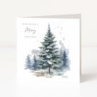 A square white Christmas greeting card with a watercolour illustration of snow-covered evergreen trees and the text 'Wishing you a Merry Christmas' on a clean white background.