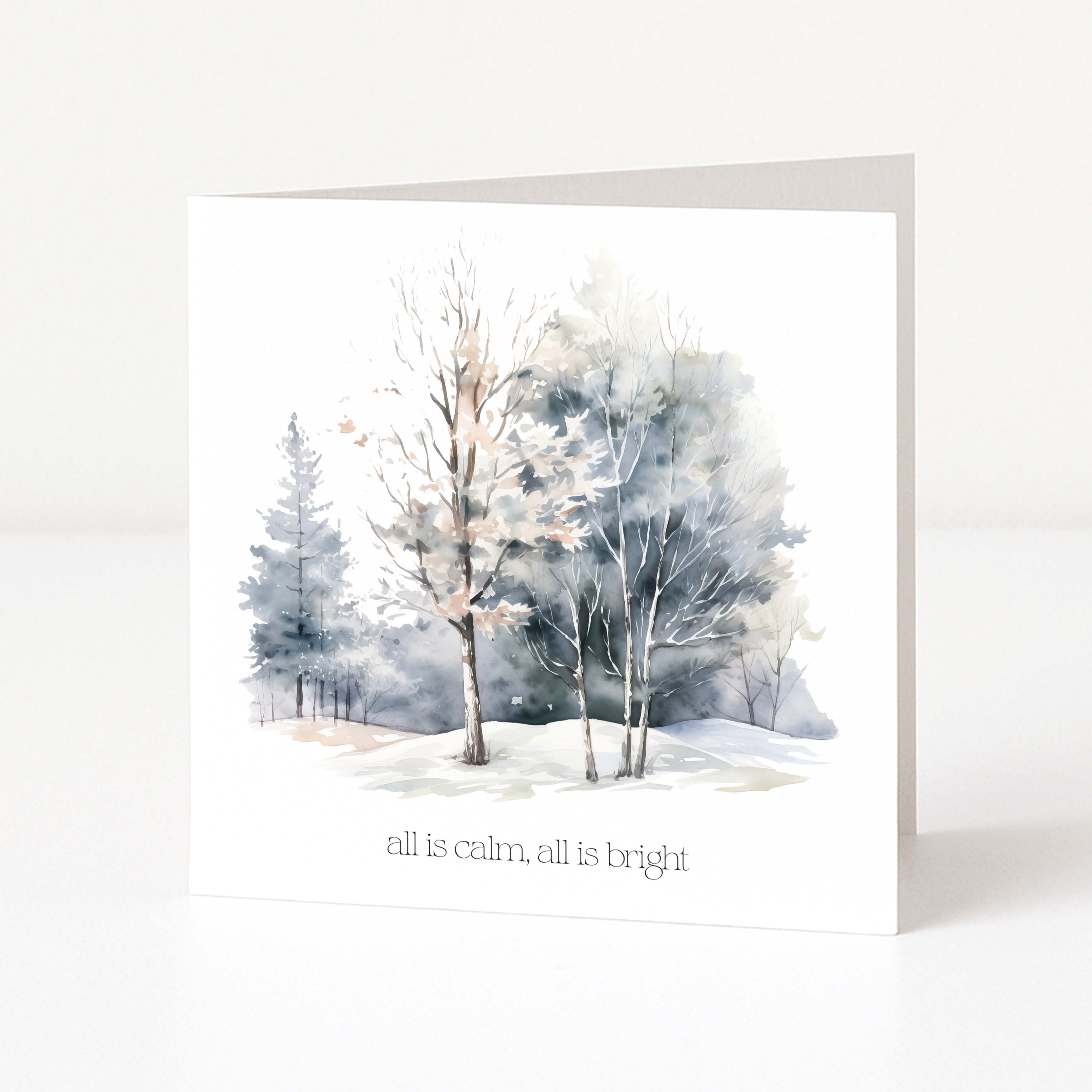 A Christmas greeting card showing a watercolour forest landscape and "all is calm, all is bright" text