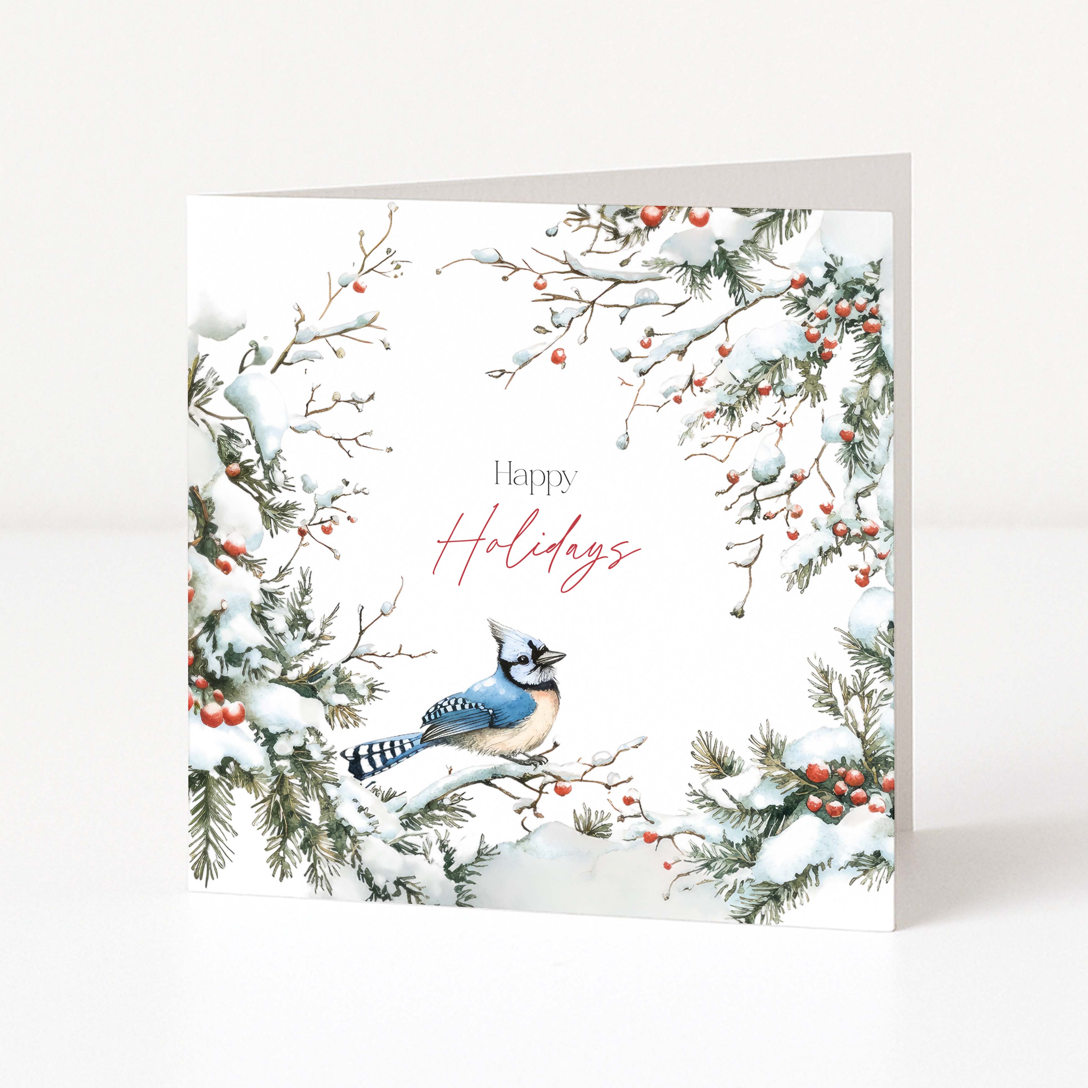A square holiday greeting card standing upright on a white surface. The card features a winter illustration with snow-covered branches, red berries, and a blue jay perched near the lower centre, with the words 'Happy Holidays' printed in the middle.