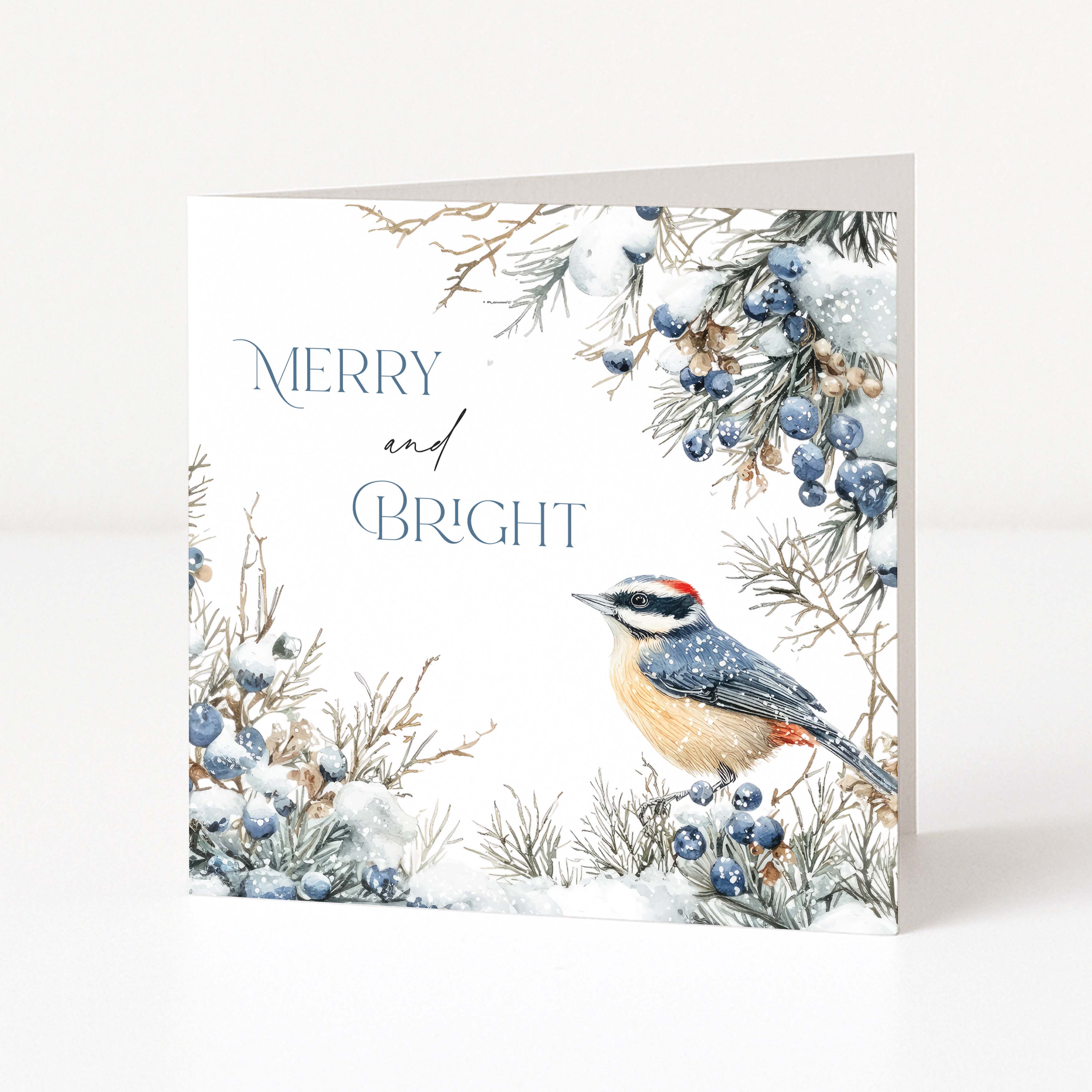 A square greeting card standing upright on a white surface against a white background. The card features a winter illustration with snow-covered branches, blue berries, and a small bird in blue, grey, cream, and red tones.