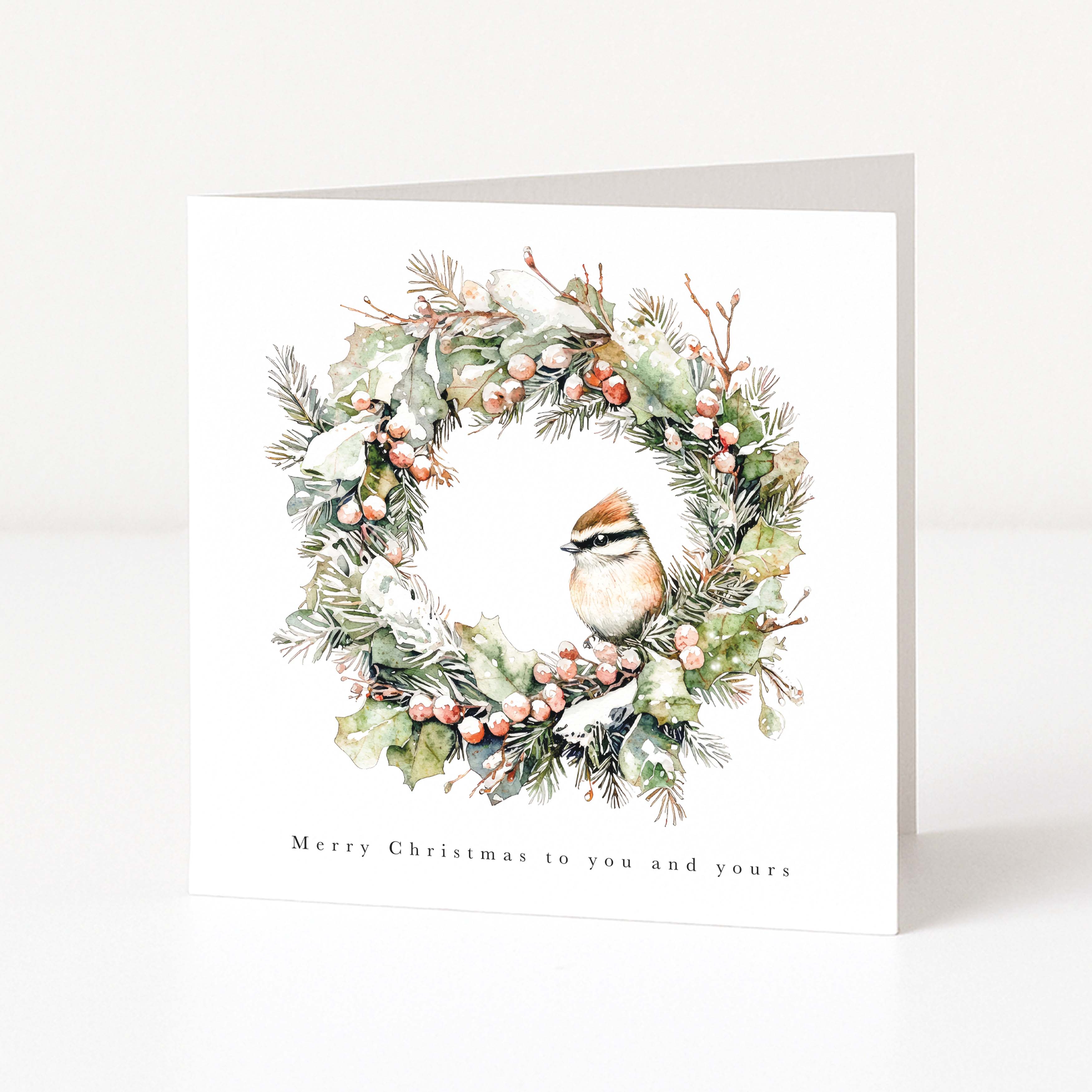 A square white Christmas greeting card standing upright on a light gray surface. The front features a watercolour-style wreath with green foliage, small red berries, and a brown-and-white bird at the center, with the text 'Merry Christmas to you and yours' printed below.