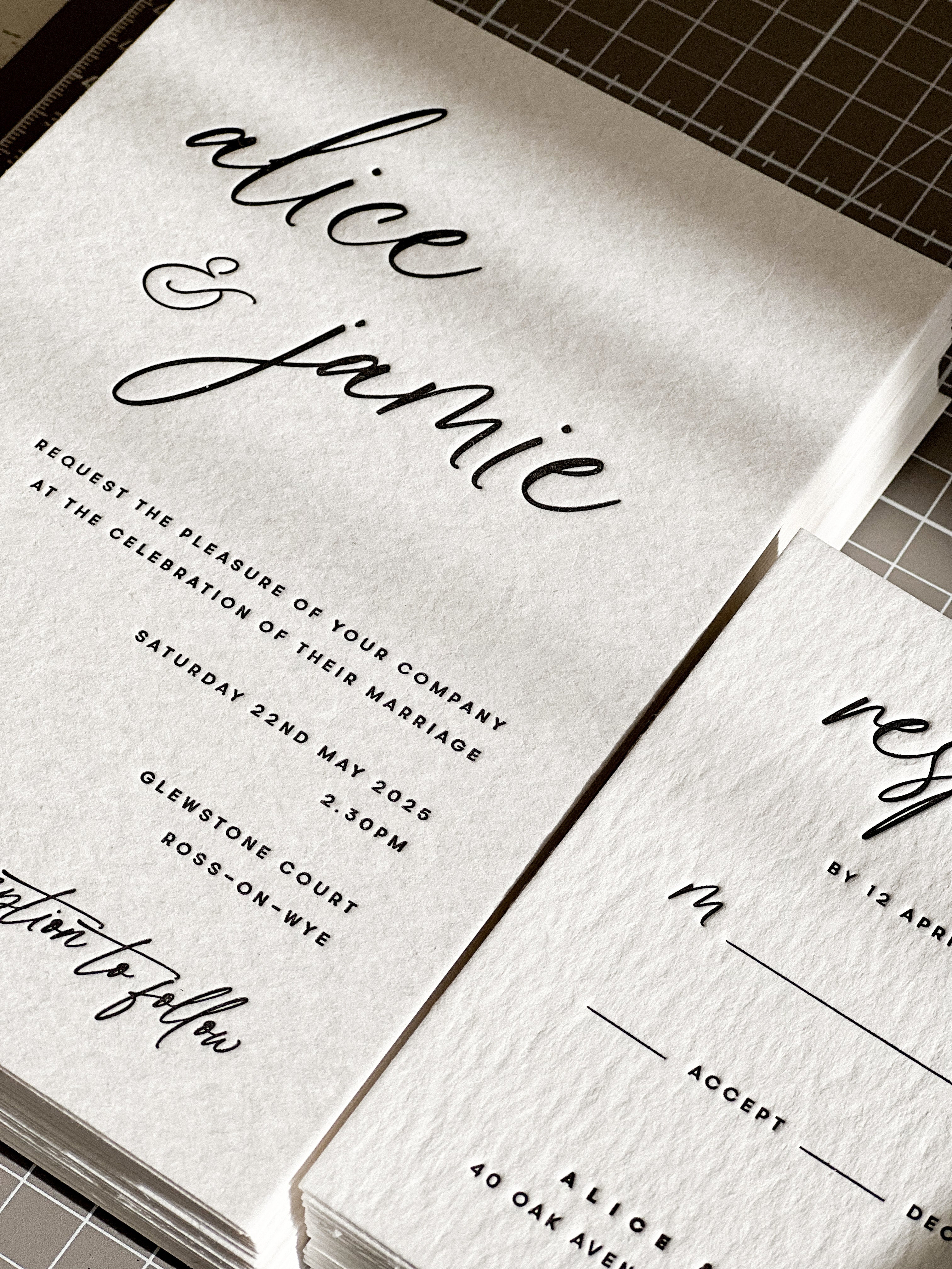 Letterpress Wedding Invitations and RSVP on Cotton Cardstock