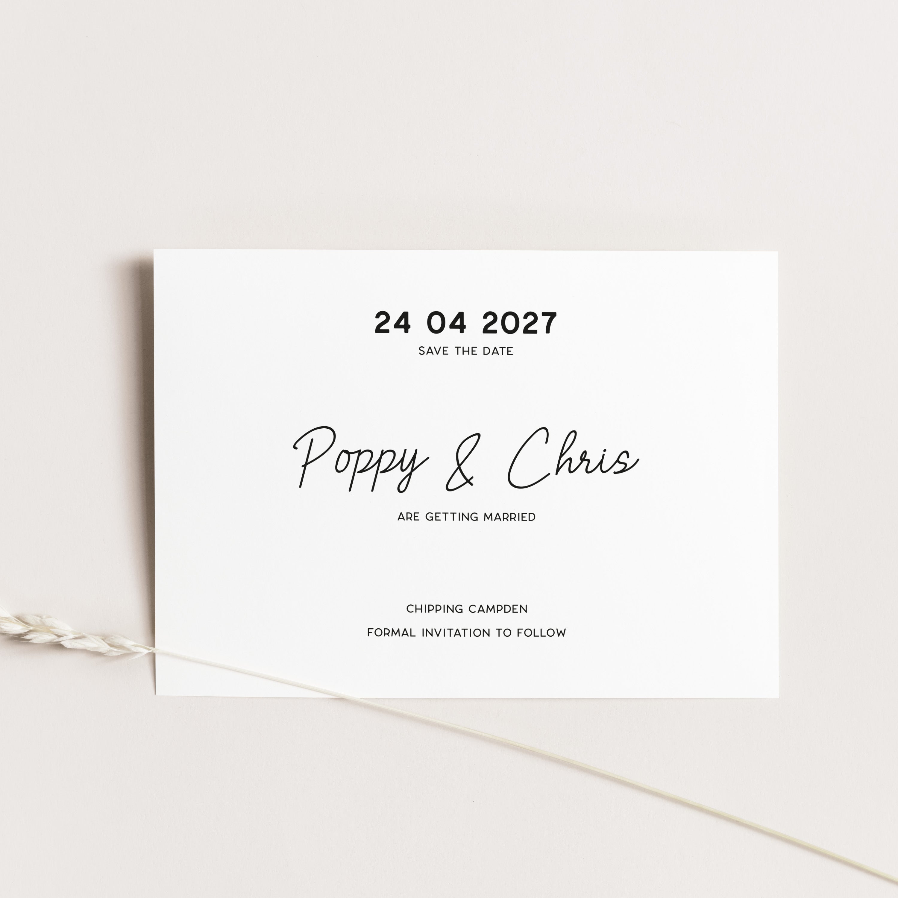 A minimalist wedding save-the-date card with black text on a white rectangular card, photographed on a light warm beige background with a thin decorative plant stem crossing the lower left corner.