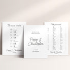 Three white wedding signs arranged on a light beige background. The centre sign reads 'Welcome to our happily ever after.