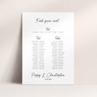 A wedding seating chart printout titled 'Find your seat' with tables for Table 1, Table 2, and Table 3, plus the names 'Poppy & Christopher' and the date '24.04.
