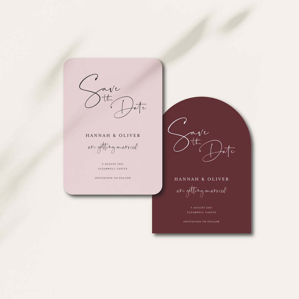 Pink and Burgundy Modern Shaped Wedding Save the Date Cards - Kilburn Collection, Elle Bee Design