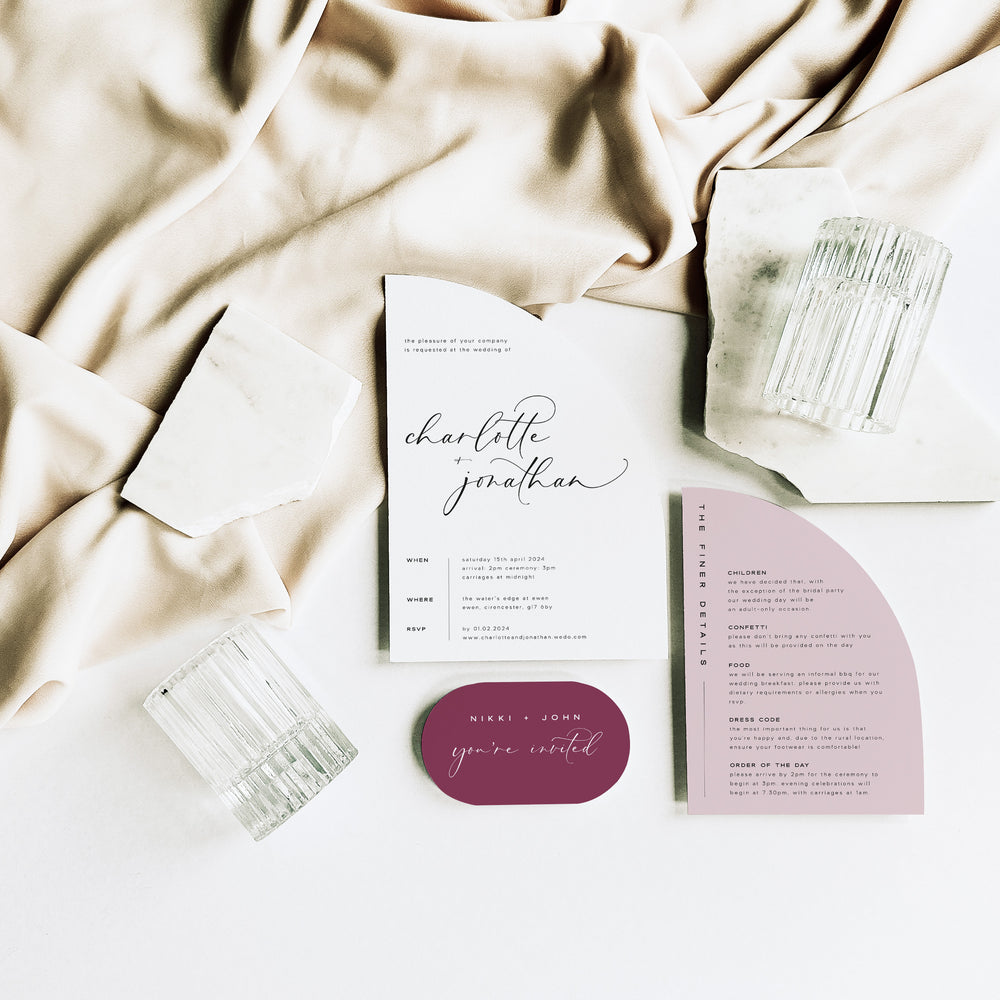 Elegant Script Shaped Wedding Invitation Suite - King's Road Collection, Elle Bee Design