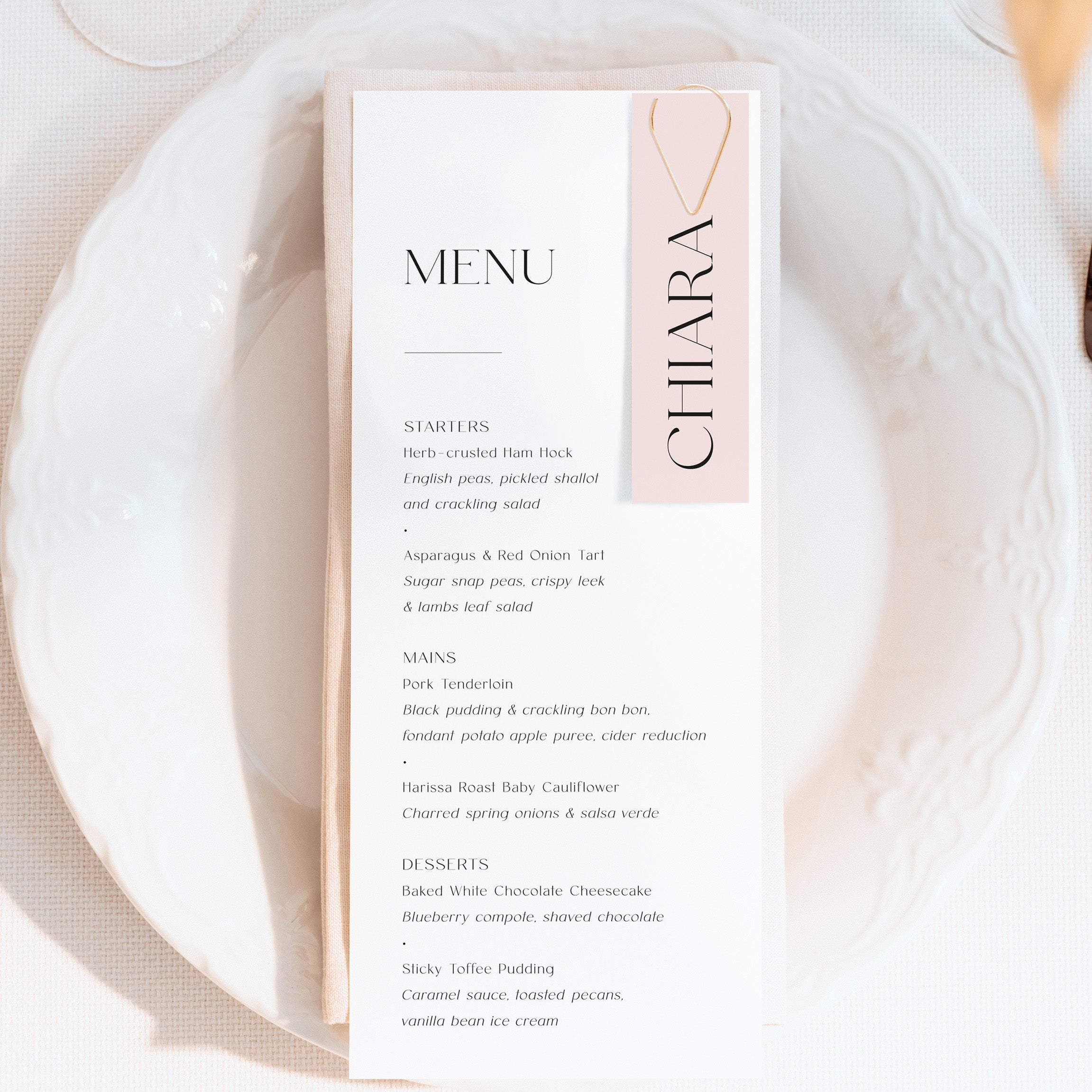 Modern Wedding Menu Card with Personalised Guest Tag - Knightsbridge Collection, Elle Bee design