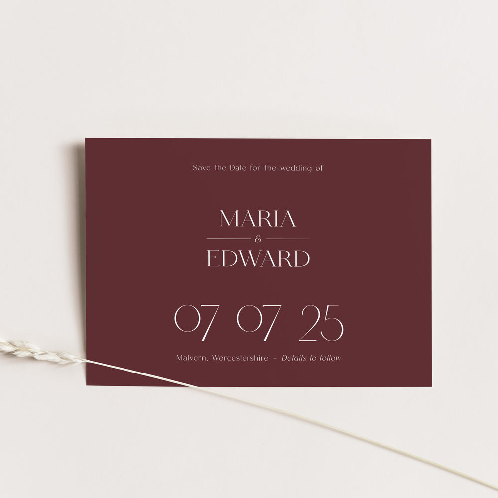 Modern Wedding Save the Date Card in Carmine and White Ink - Knightsbridge Collection, Elle Bee Design