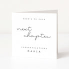 Greeting card with 'Here's to your next chapter' text on a white background