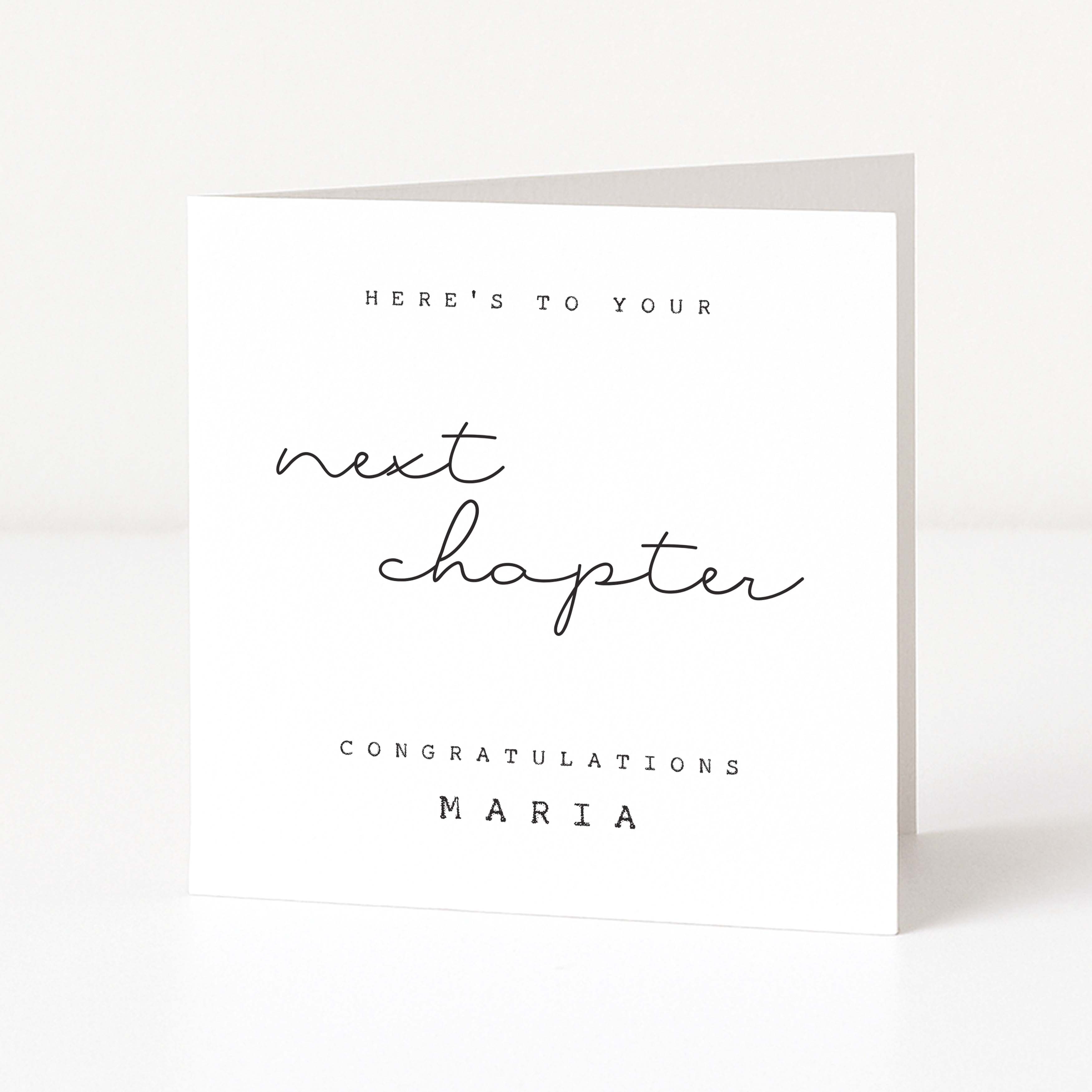Greeting card with 'Here's to your next chapter' text on a white background