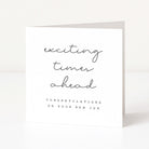 Greeting card with 'exciting times ahead, congratulations on your new job' text on a white background