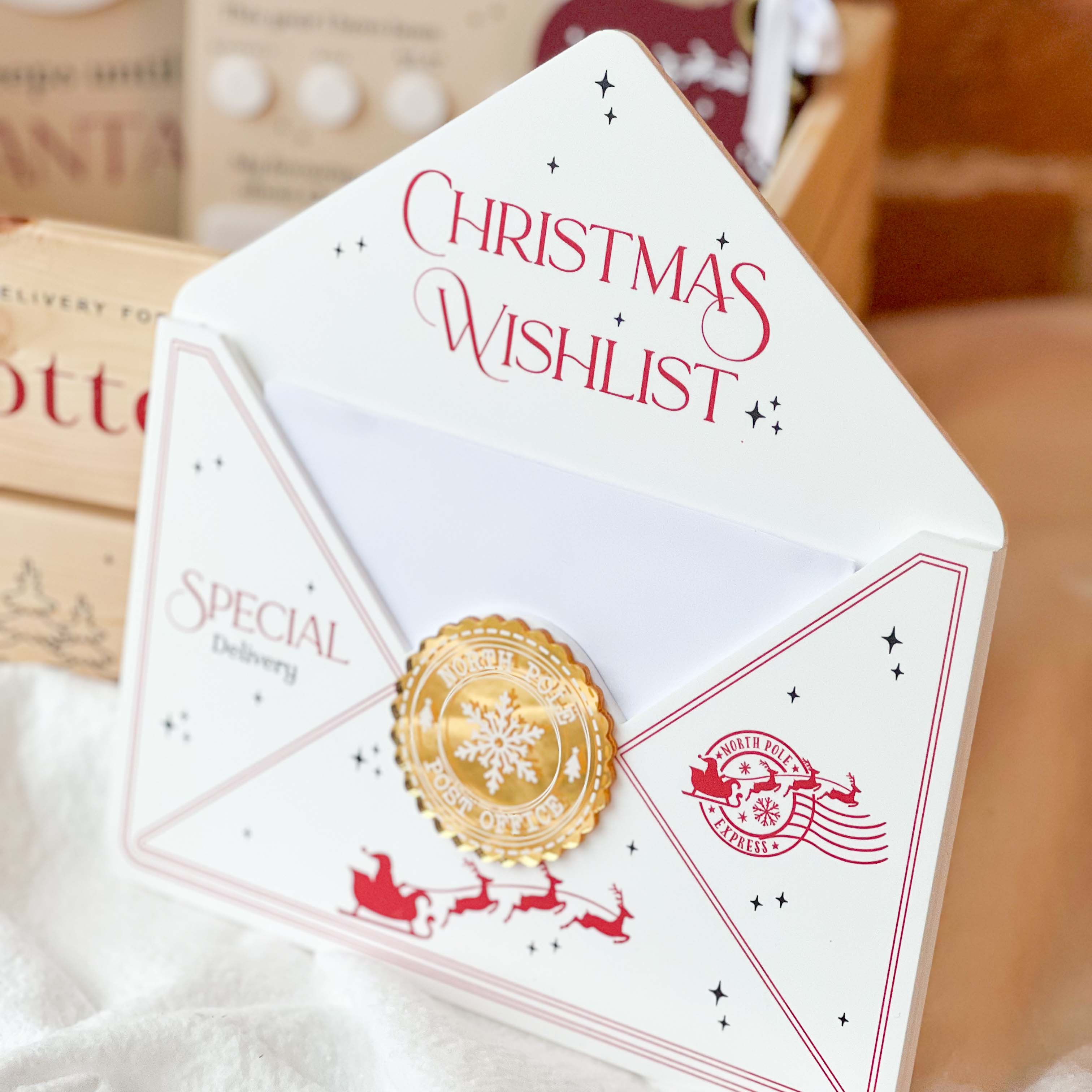 Christmas-themed card with 'Christmas Wishlist' text and decorative elements.