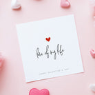 Valentine's Day card with 'Love of my life' text on a pink background