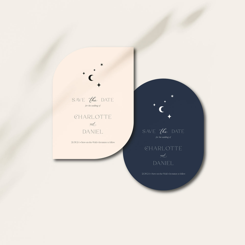 Celestial Shaped Wedding Save the Date Cards - Lunar Collection, Elle Bee Design