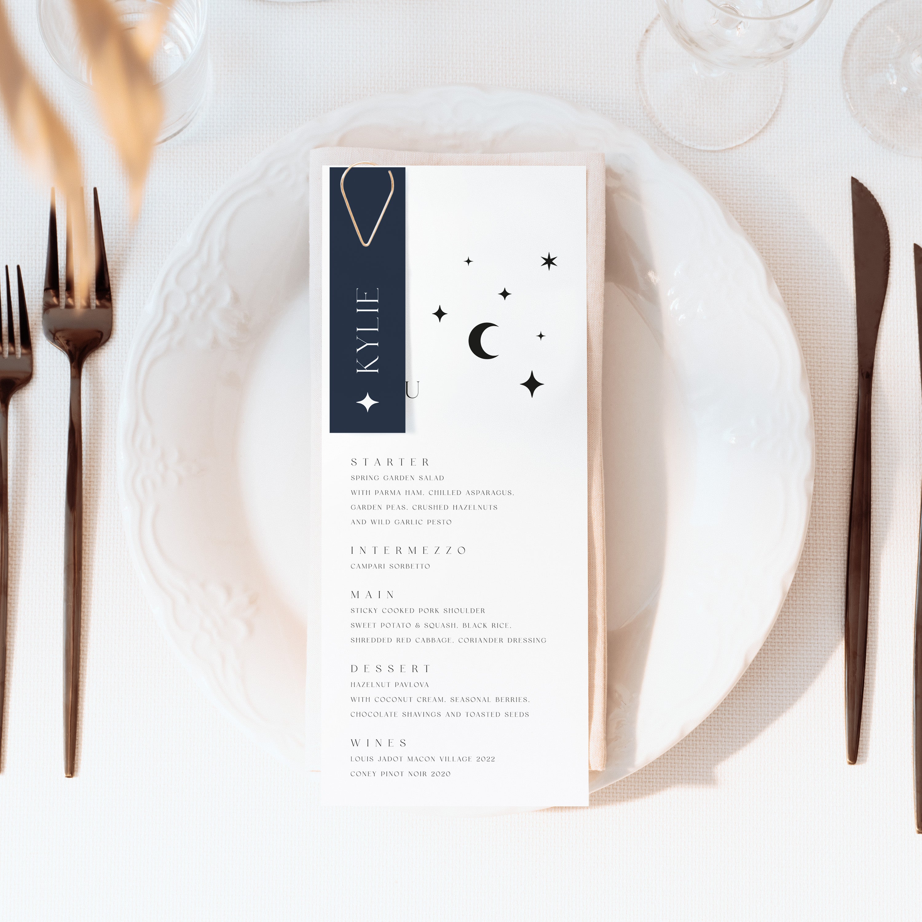 Modern Celestial Wedding Menu with Navy Name Tag - Lunar Collection, Elle Bee Design