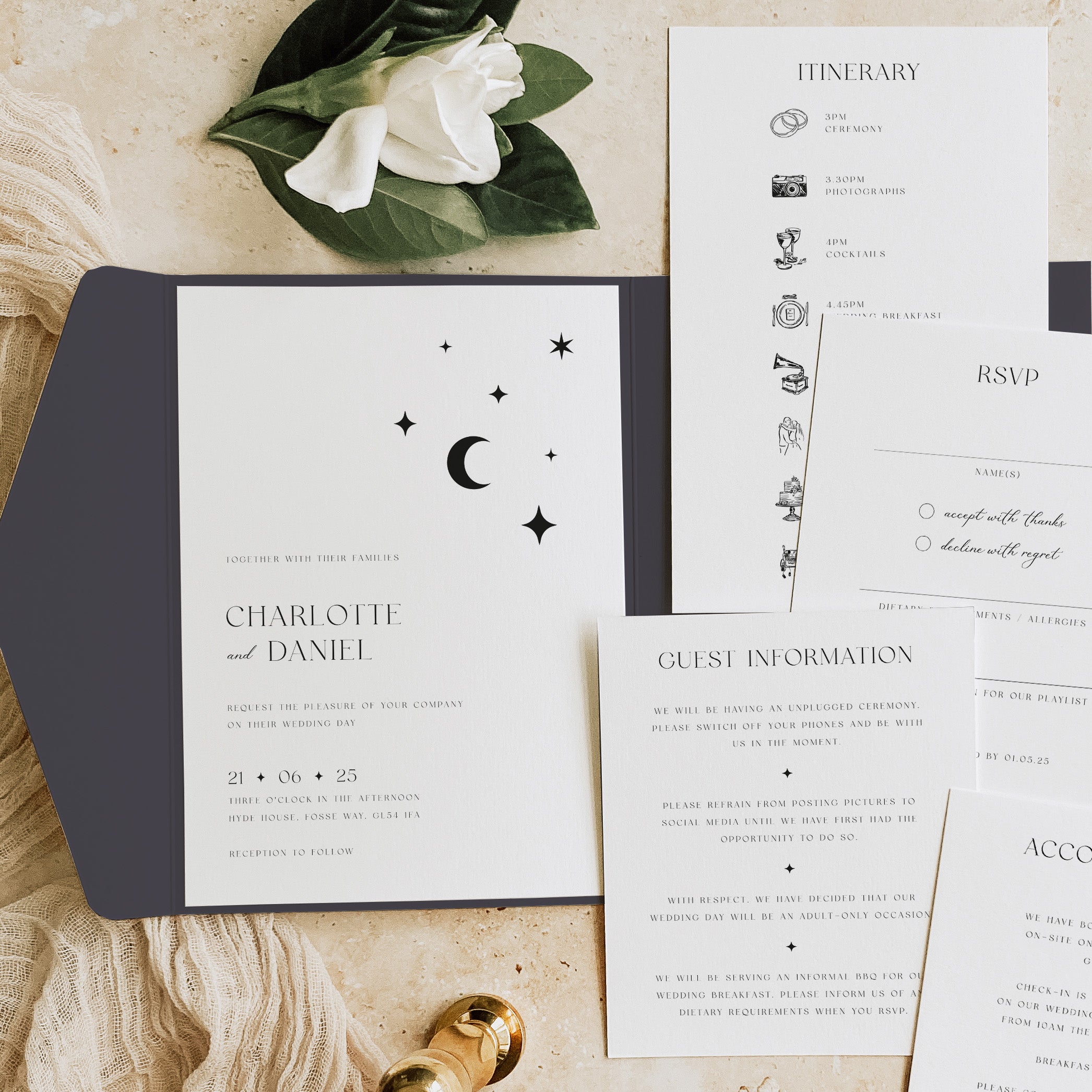 Modern Celestial Pocketfold Wedding Invitation Suite - Lunar Collection, Elle Bee Design