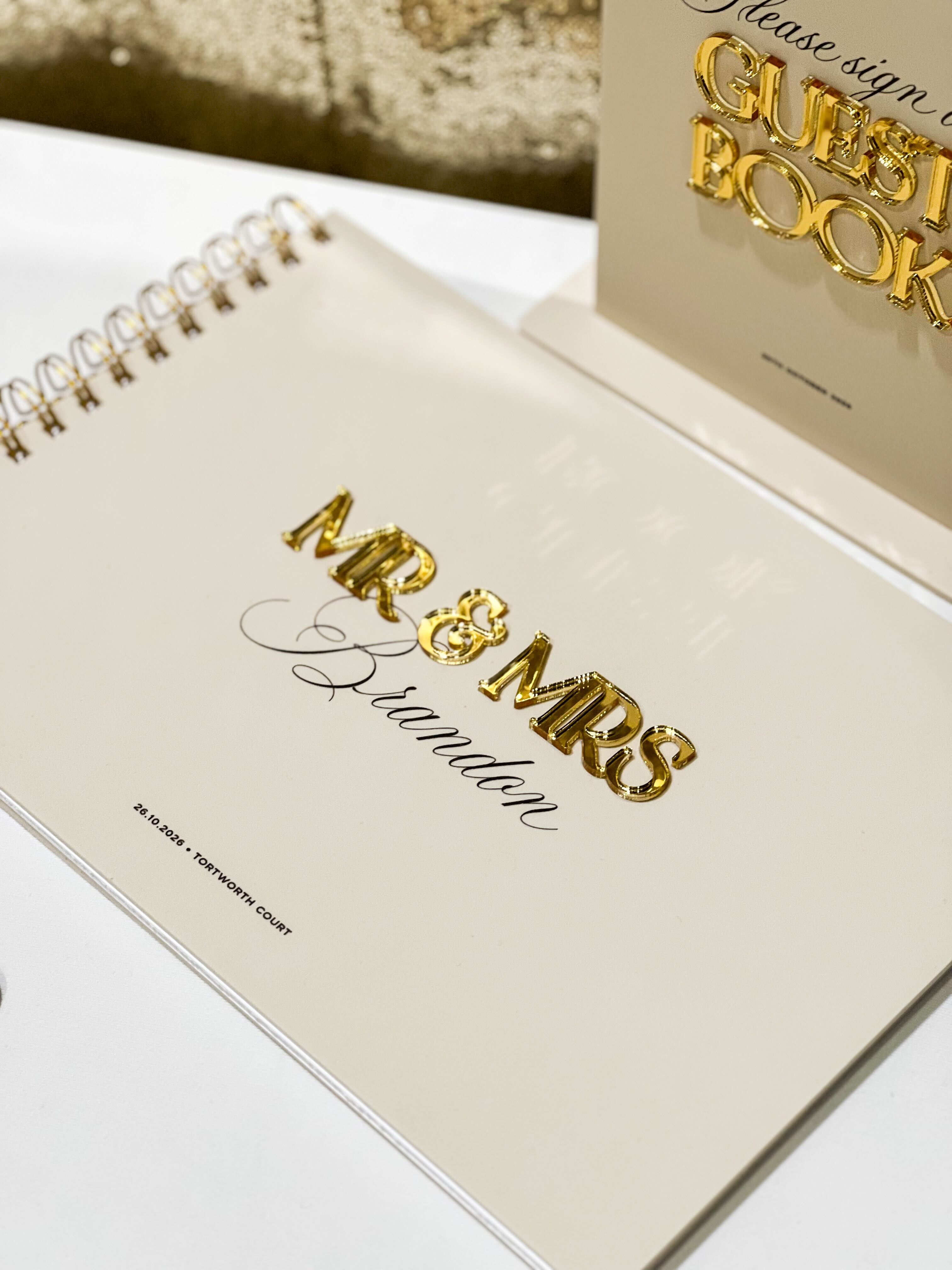 Champagne Guest Book made from acrylic with 3d lettering in gold