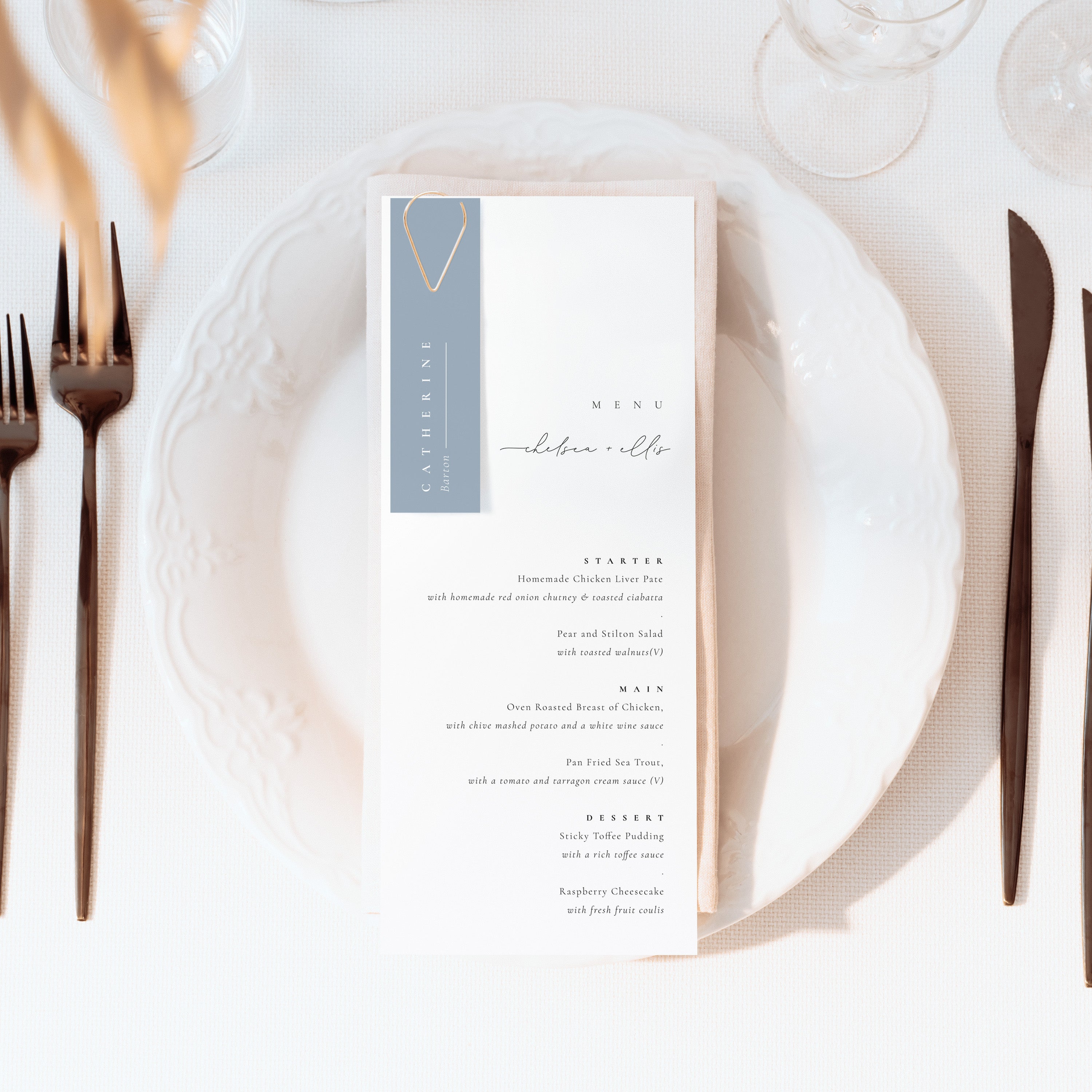 Modern Wedding Menu with Dusky Blue Name Tag - Manor Park Collection, Elle Bee Design