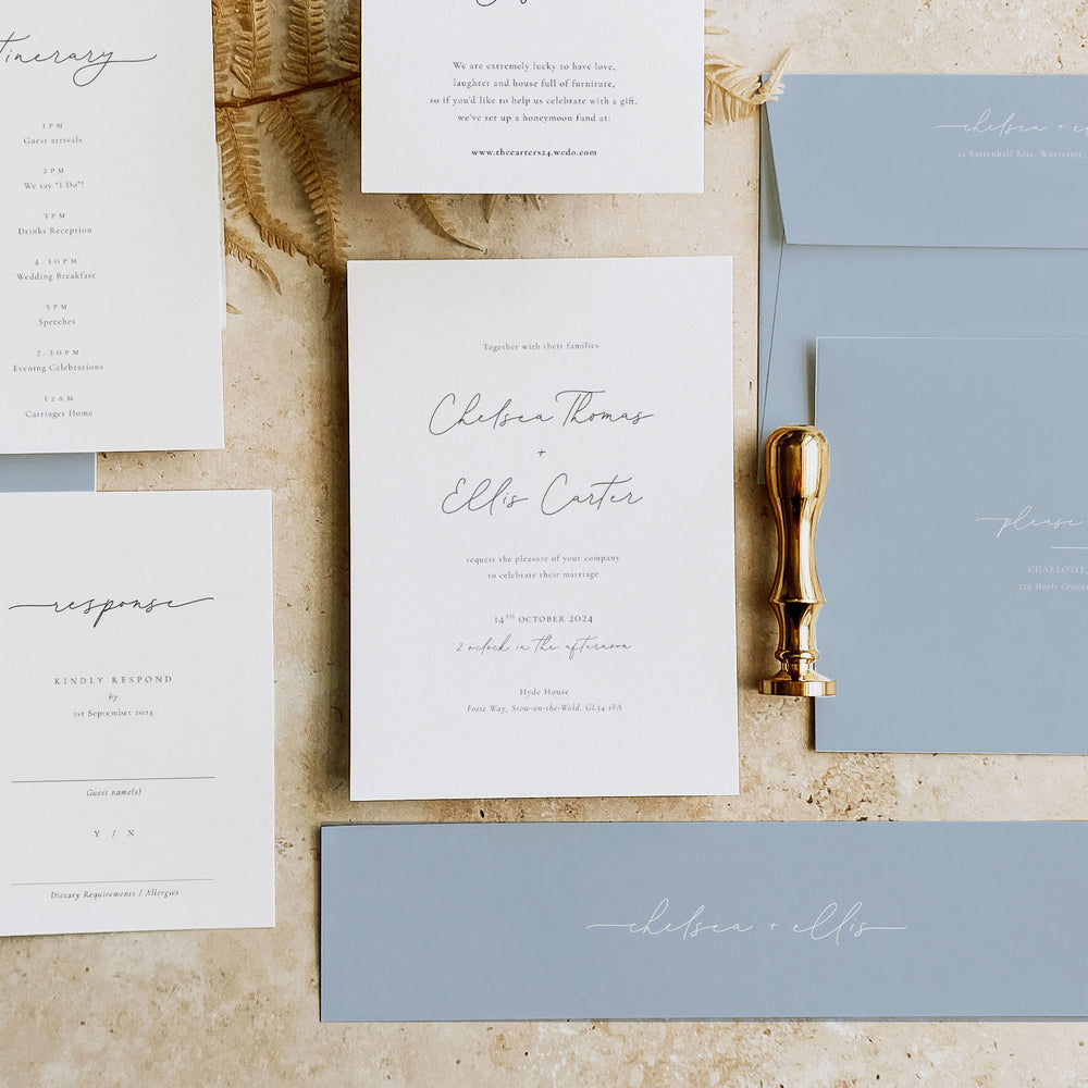 Modern Elegant Dusky Blue Wedding Invitation Suite - Manor Park Collection, Elle Bee Design