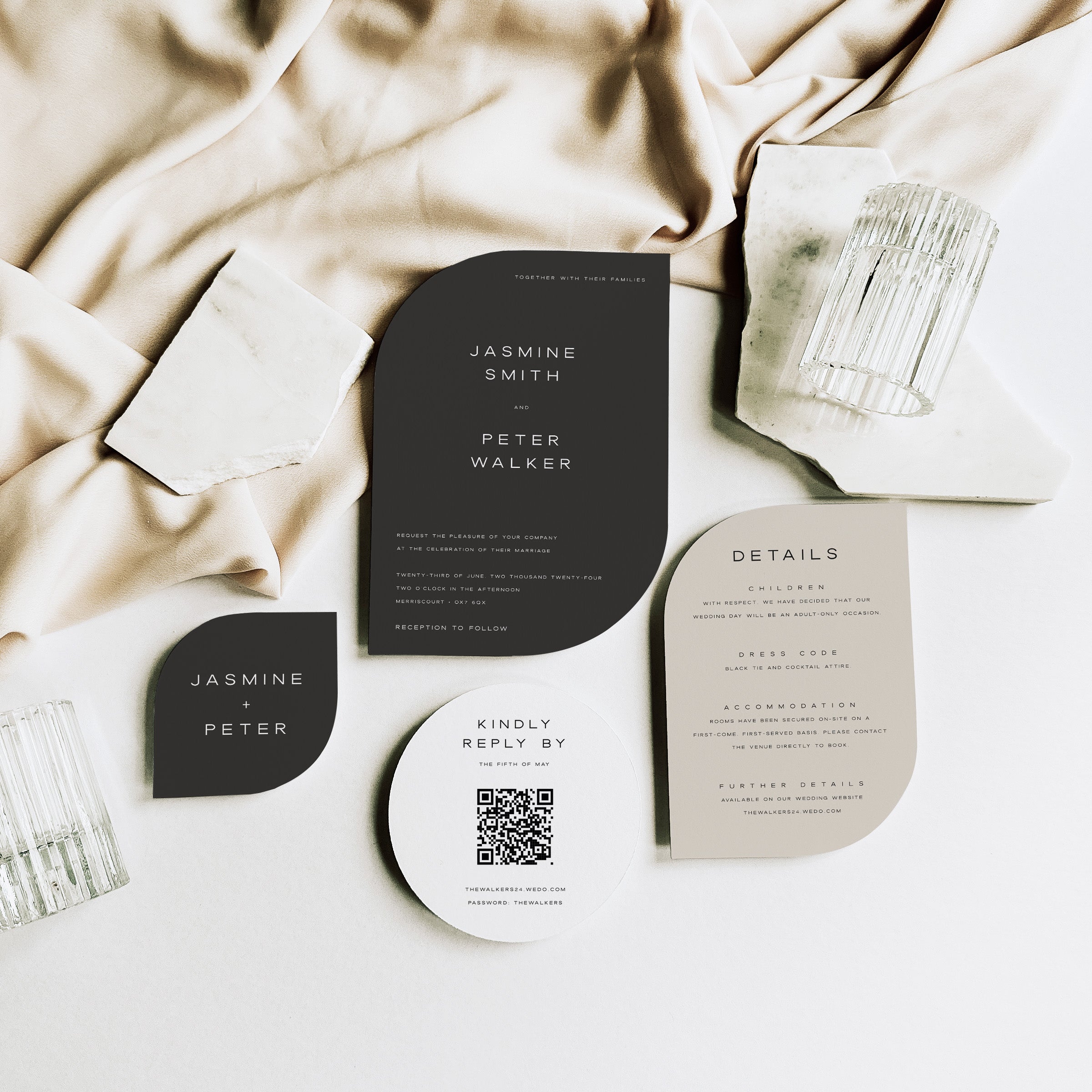 Monochrome Shaped Wedding Invitation Suite - Mayfair Collection, Elle Bee Design