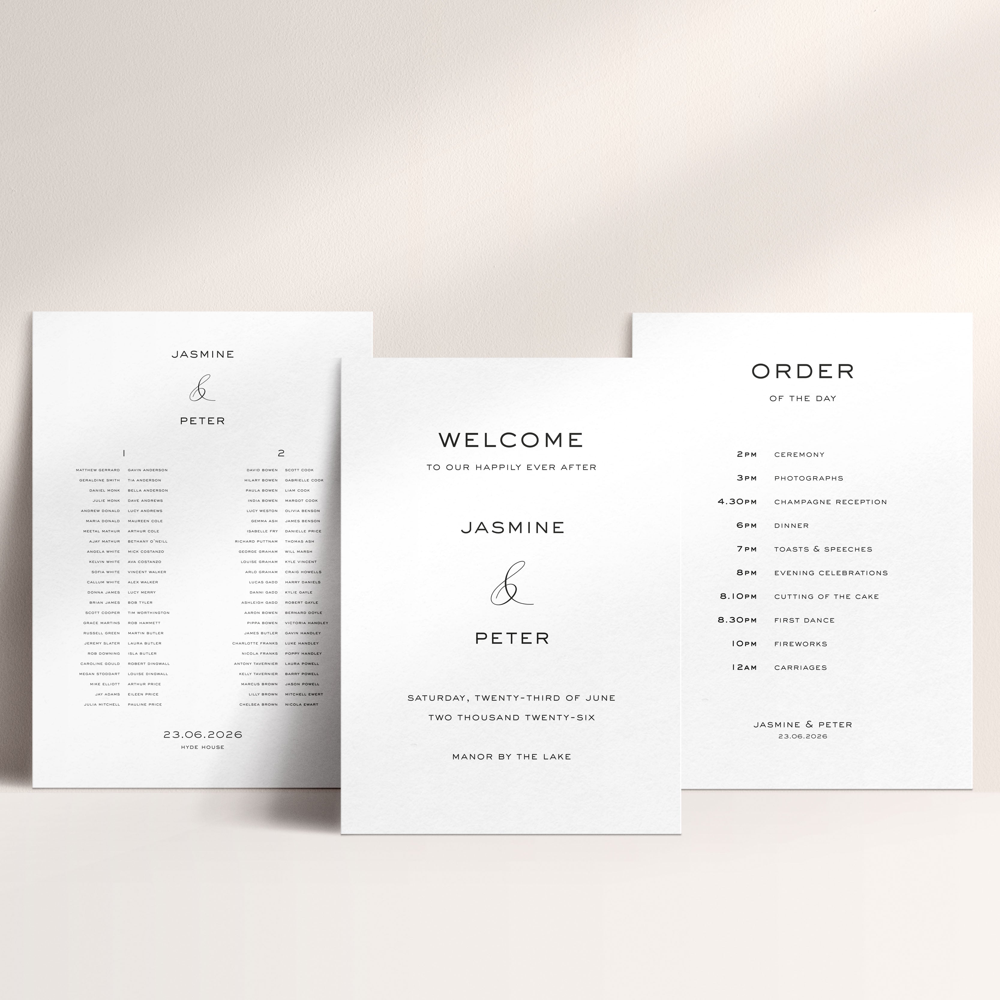 Seating plan, welcome sign and order of the day sign for wedding