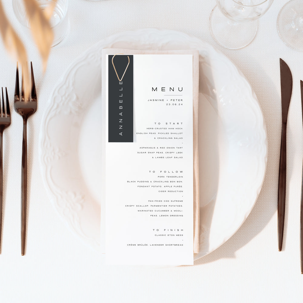 Modern Wedding Menu Card with Grey Name Tag - Mayfair Collection, Elle Bee Design