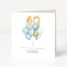 Personalised square 40th birthday card for him featuring a central blue and gold watercolour balloon cluster topped with gold foil balloon digits forty, and customisable front name text.
