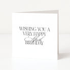 Modern square 50th birthday card featuring elegant minimalist black typography with serif and script text on a clean white background.