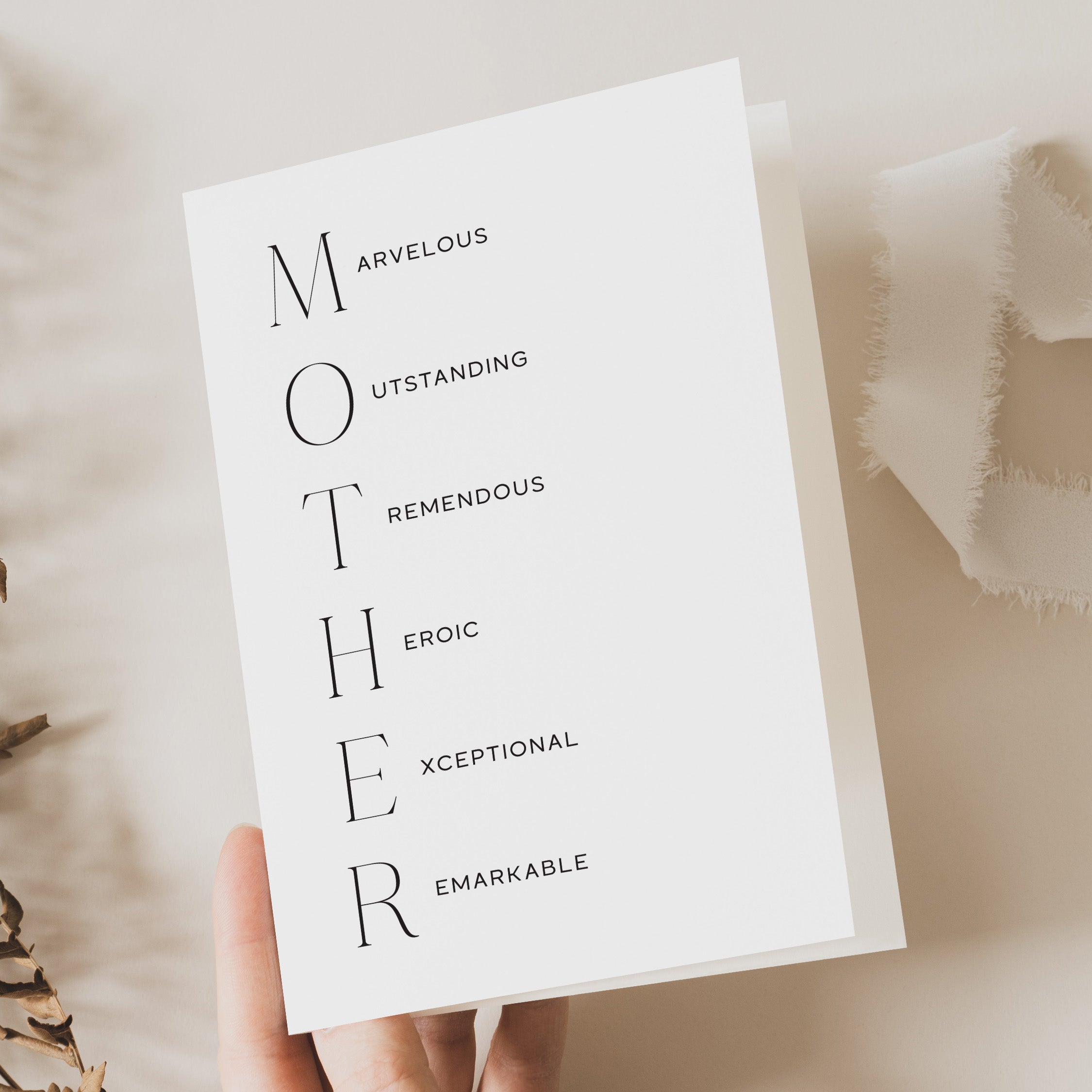 Greeting card with text 'Marvelous, Outstanding, Tremendous, Heroic, Exceptional, Remarkable' on a beige background