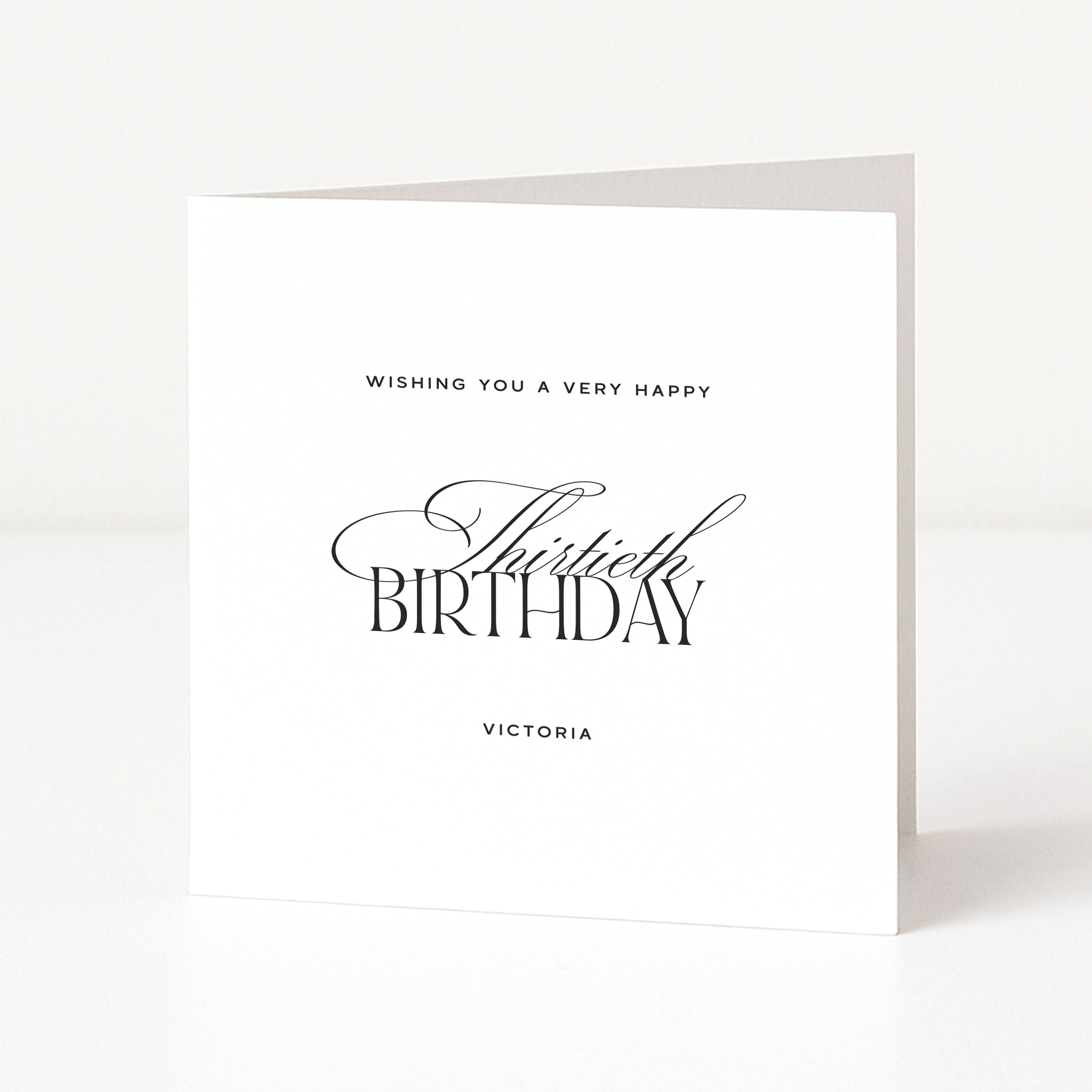 Greeting card with 'Wishing you a very happy Thirtieth Birthday Victoria' text on a white background