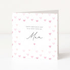 Greeting card with pink heart pattern and 'Happy Mother's Day to a very special Mum' text on a white background.