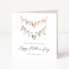Greeting card with heart-shaped bunting and personalized text on a white background