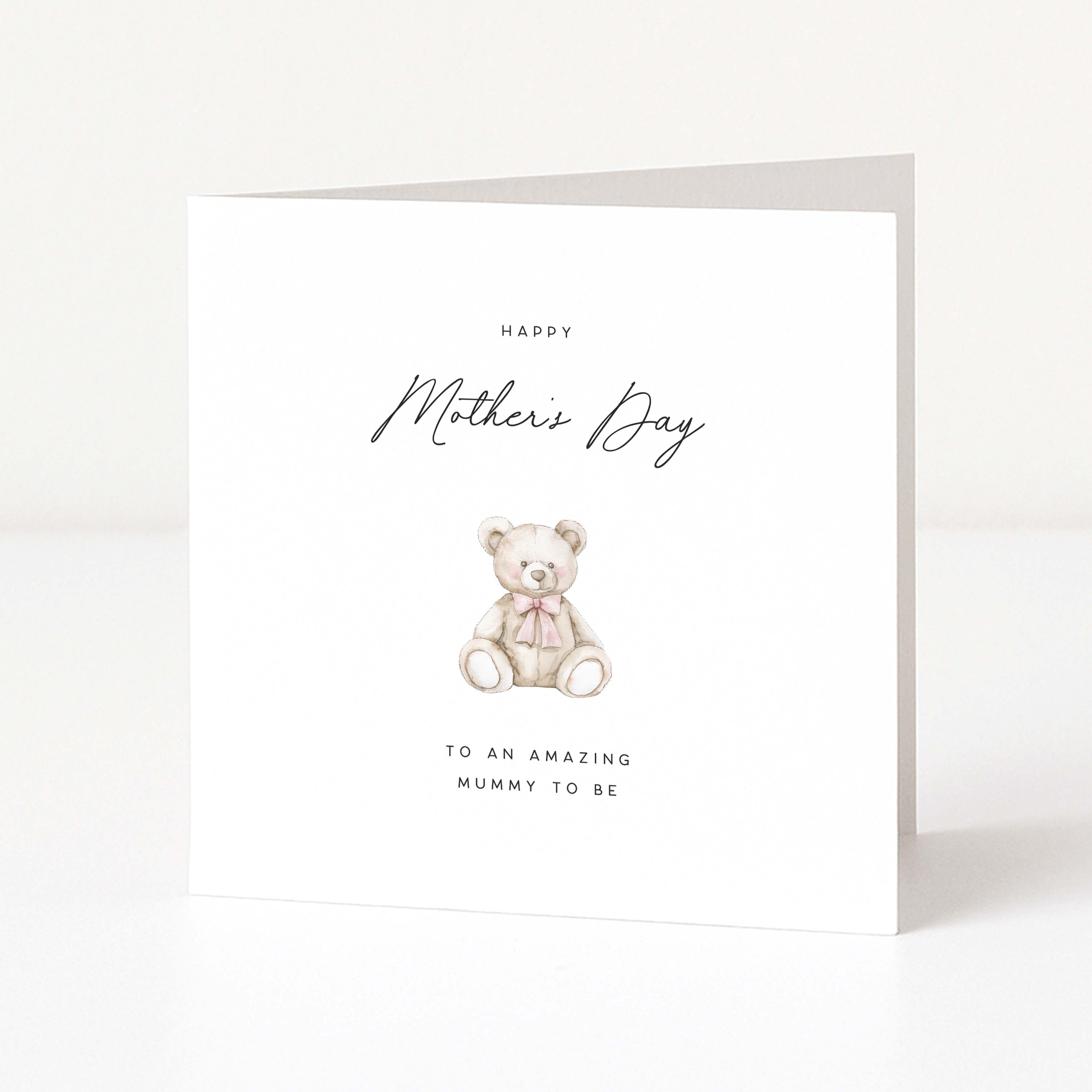 Greeting card with a teddy bear illustration and 'Happy Mother's Day' text on a white background