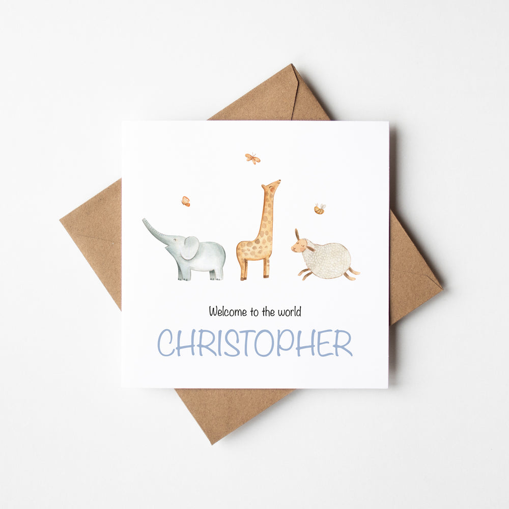 Cute Animals Personalised New Baby Boy Card