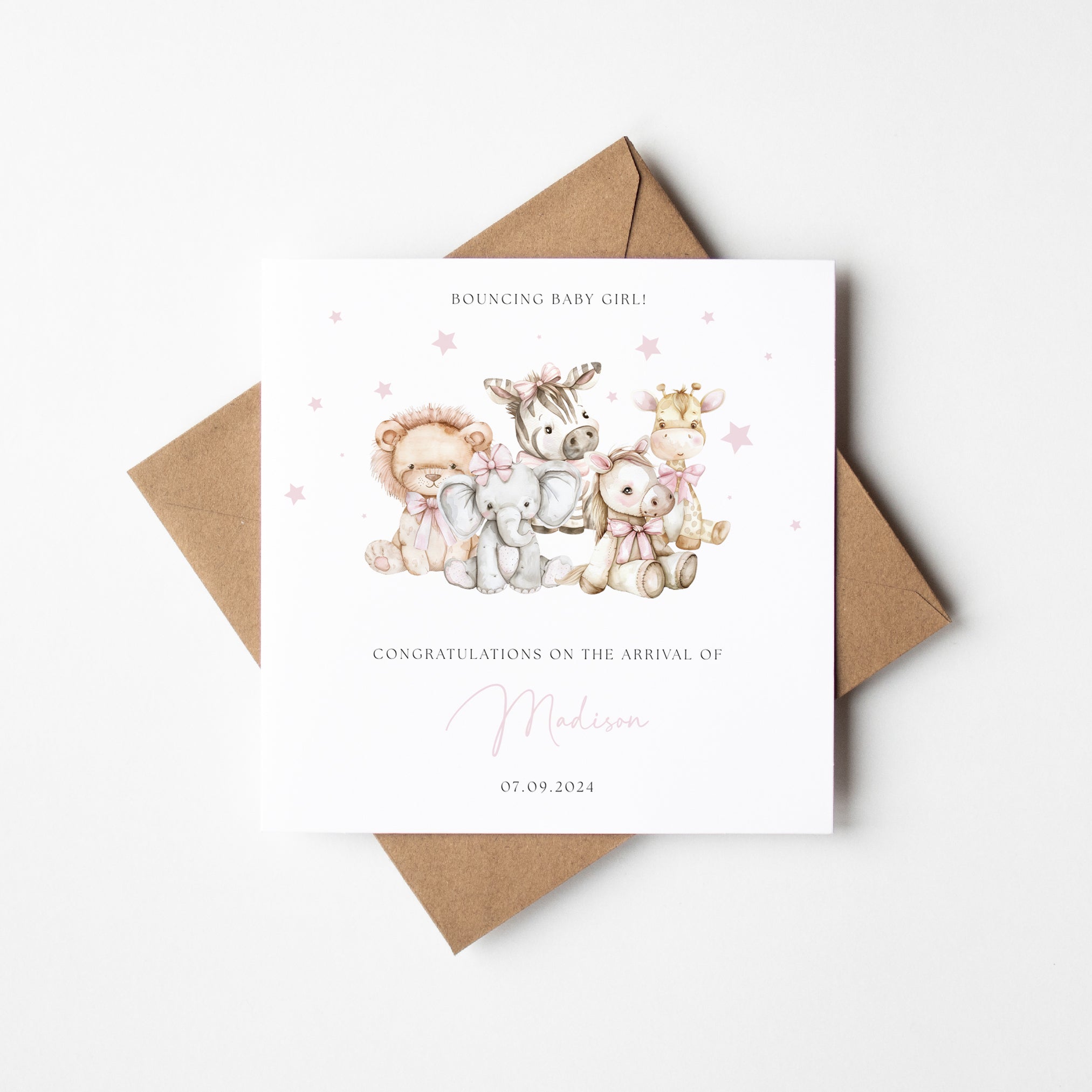 Cute Animals Personalised Pink New Baby Girl Card - Elle Bee Design