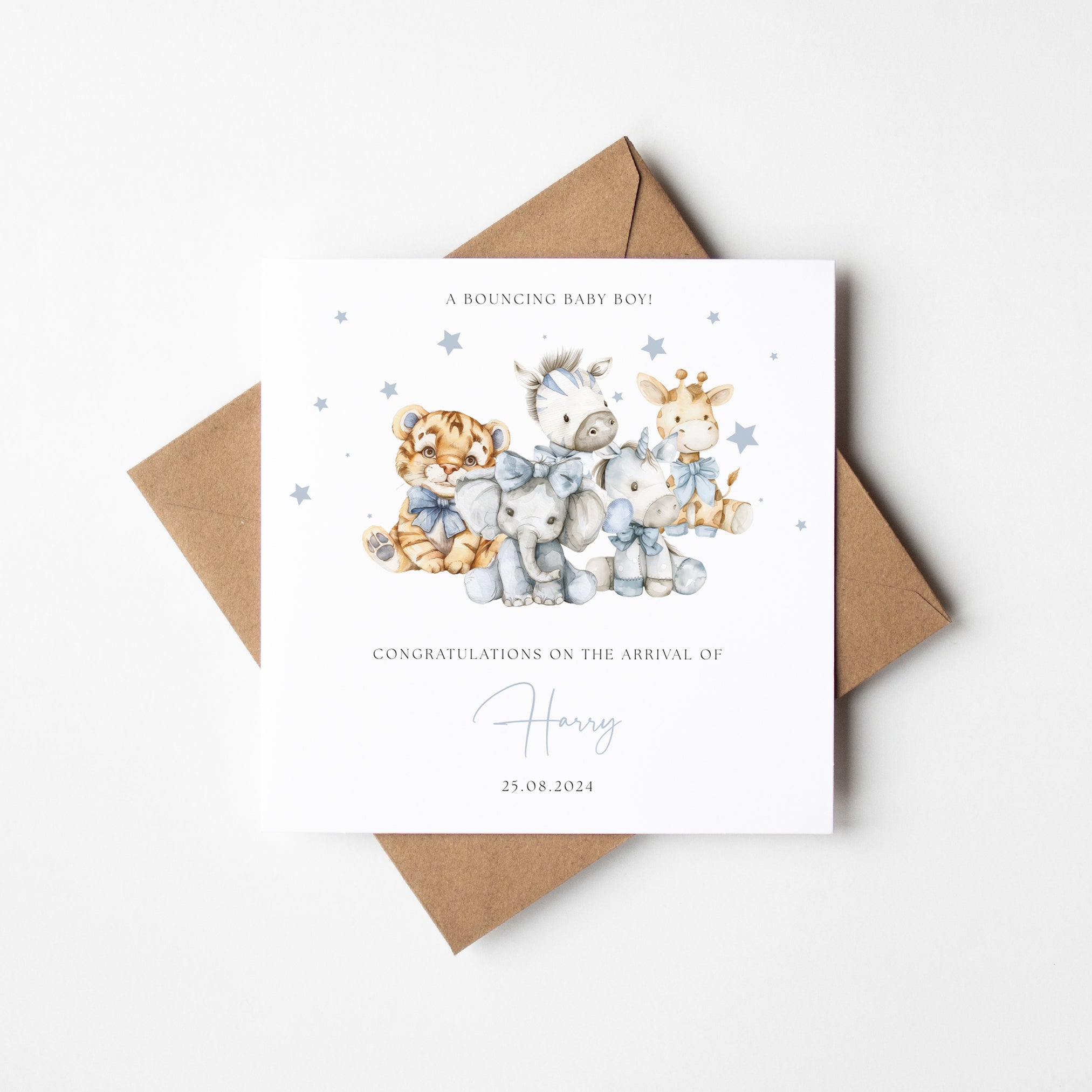 Watercolour Animals Personalised New Baby Boy Card - Elle Bee Design