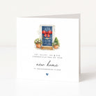 Greeting card for a new home with a blue door, red bow, and potted plants on a white background