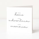 Greeting card with 'New home, new adventures, new memories' text on a white background