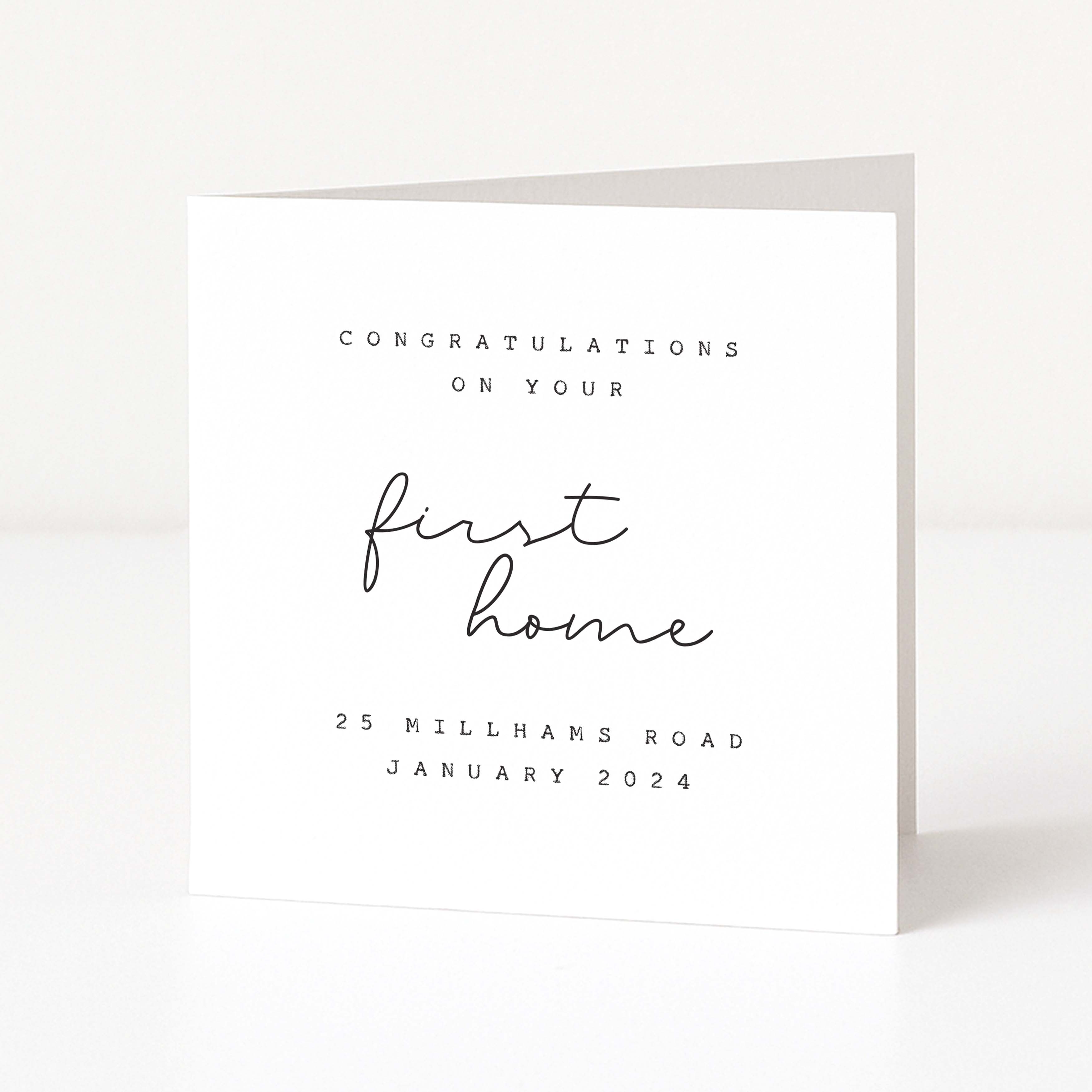 Greeting card with 'Congratulations on your first home' text on a white background