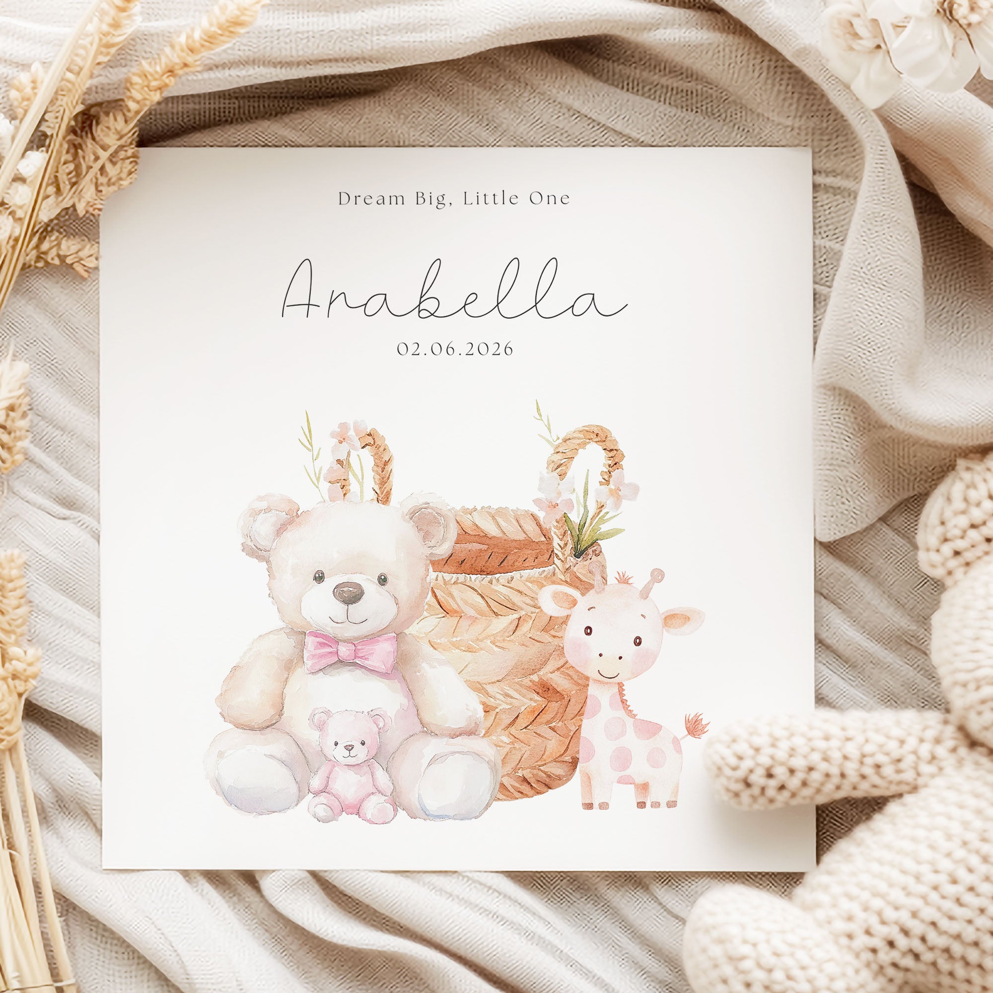 New Born Baby Girl Card on linen fabric with dried flowers