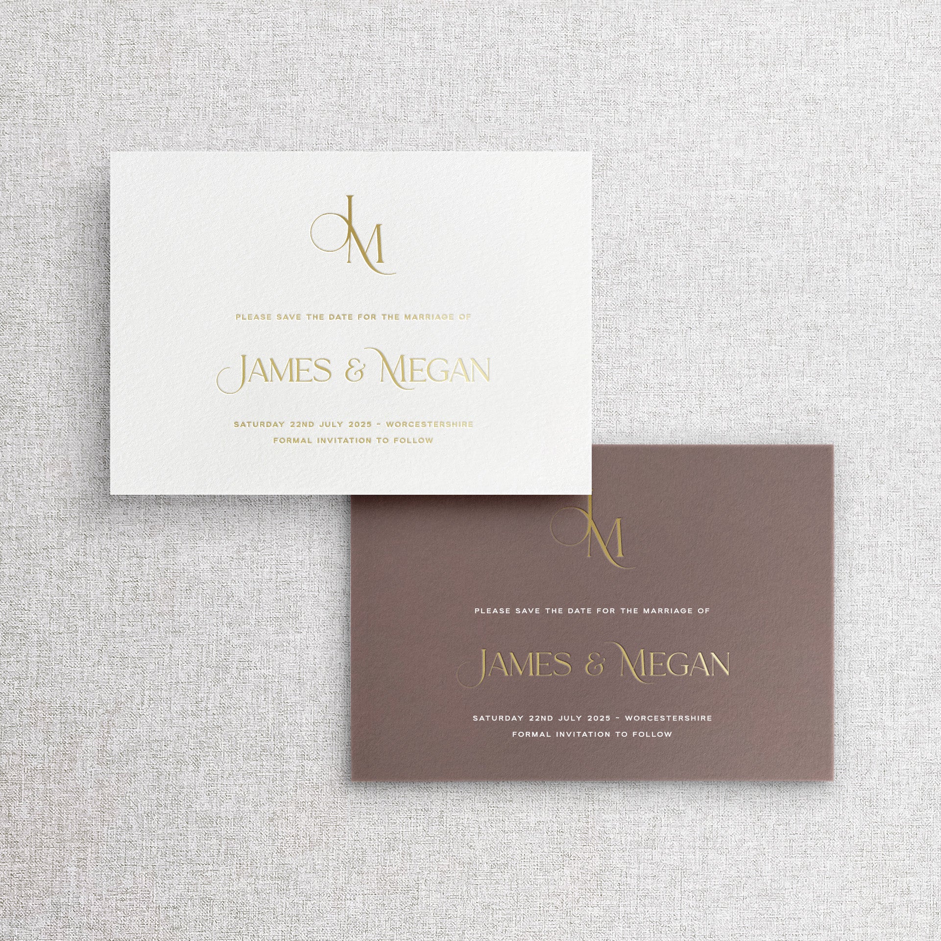 Gold Foil Pressed Save the Date in White and Cashmere on - Newbury Collection