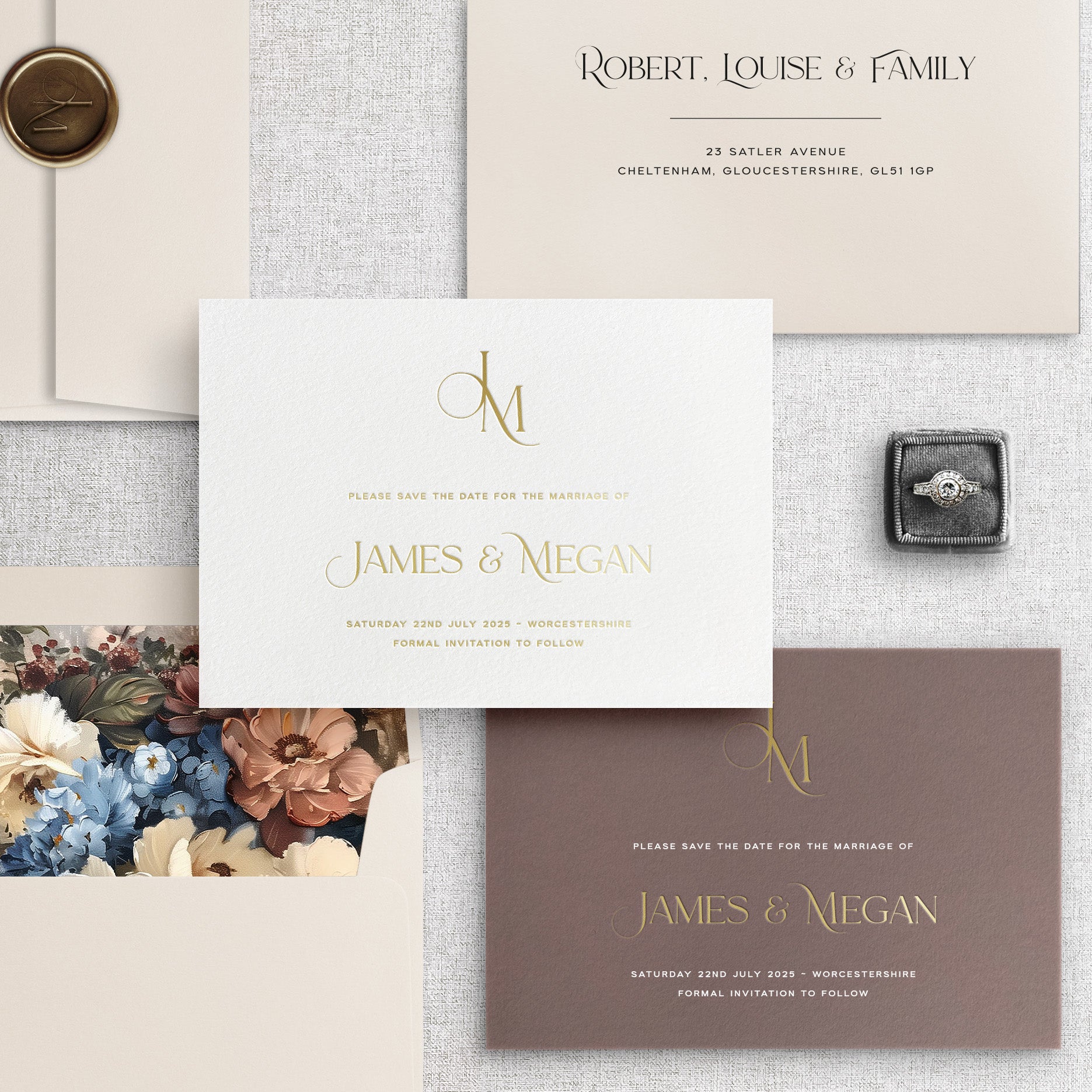 Gold Foil Pressed Save the Date in White and Cashmere on - Newbury Collection