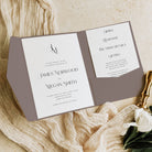 Modern Monogram Pocketfold Wedding Invitation Suite in Mocha Colour Scheme - Newbury Collection, Elle Bee Design