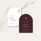 Arched and Shaped Monogram Save the Date Card in White and Claret - Newbury Collection, Elle Bee Design