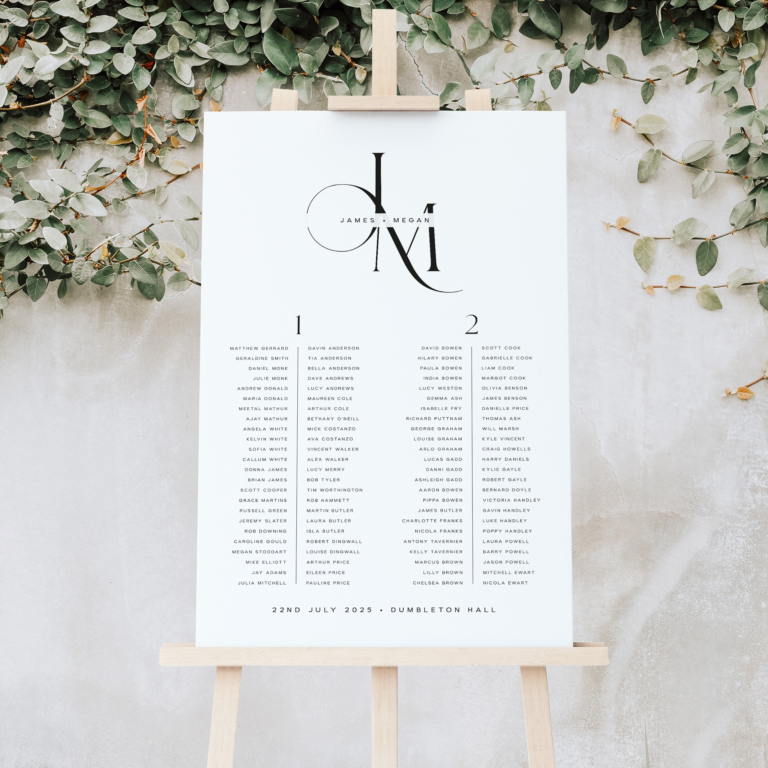 Modern Monogram Wedding Seating Plan with Banquet Style Layout - Newbury Collection, Elle Bee Design