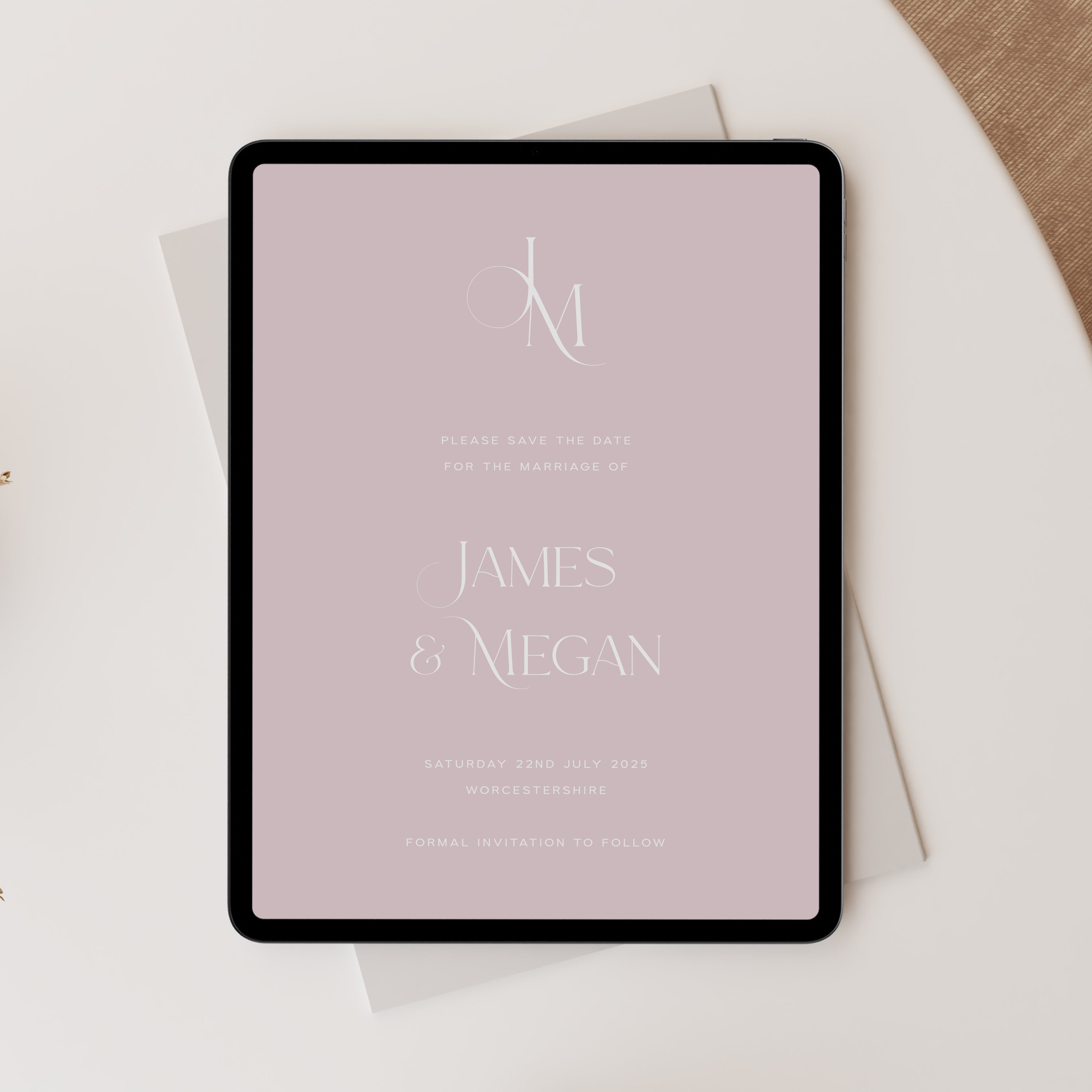 Modern Monogram Electronic Save the Date in Nude Pink - Newbury Collection